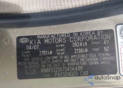 2007 Kia Spectra Ex из США, поврежденный, VIN KNAFE121X75456489